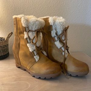 Women's Joan Of Arctic Shearling Camel Brown Leather Wedge Boots